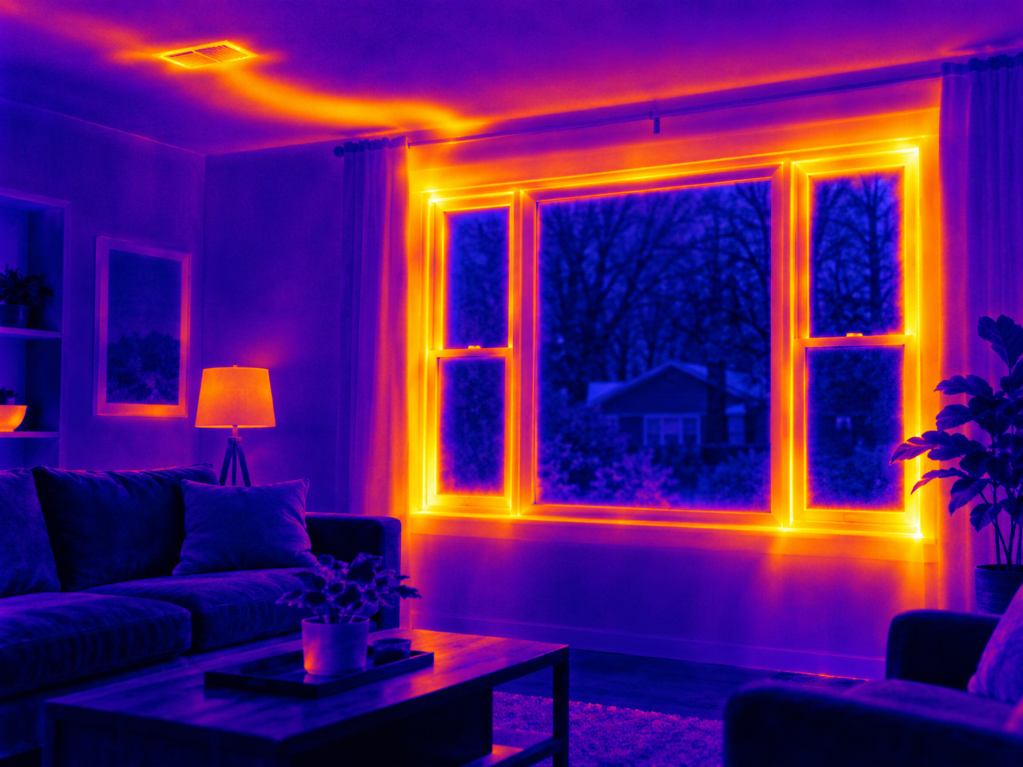 Infrared thermal scan showing temperature differences around a living room window and ceiling vent